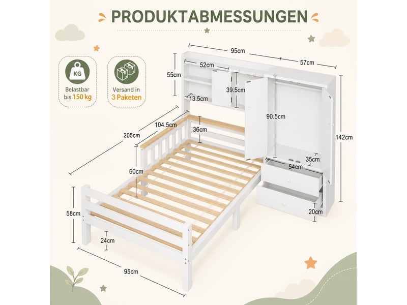 Lit enfant multifonctionnel tcqpz 90 x 200 cm avec armoire, tiroirs et étagères blanc - Conforama C