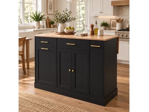 Îlot de cuisine noir avec plateau rabattable de 120 cm, rangement latéral coulissant et compartiment poubelle