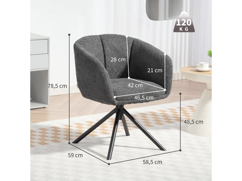  Fauteuil pivotant rembourré – design confortable avec accoudoirs, tissu polyester gris foncé, pieds métal, 59x58,5x78,5 cm  - Conforama E