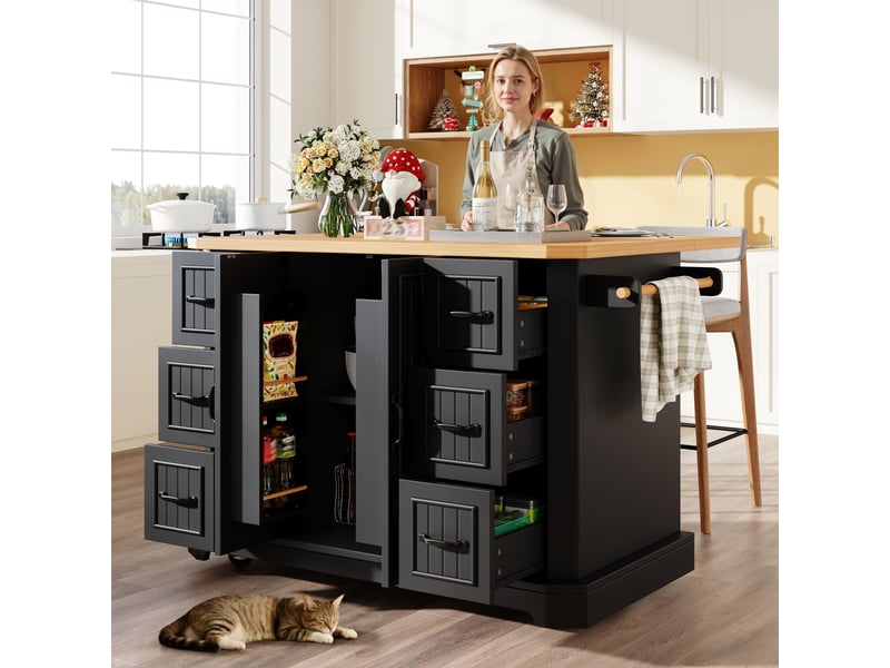  Îlot de cuisine mobile noir, desserte de cuisine avec 2 portes et 6 tiroirs, plateau en bois, 120x45x91 cm  - Conforama R