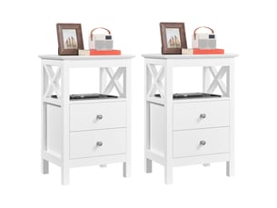 Lot de 2 tables de chevet scandinaves avec 2 tiroirs et étagère ouverte 40x30x60 cm blanc