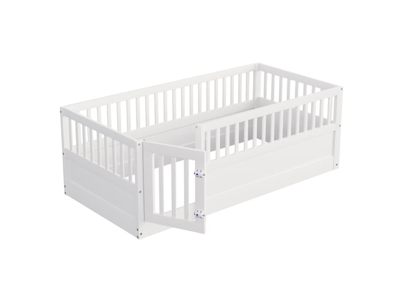 Lit enfant 90 x 200 cm - cadre de lit en bois - avec barrières de sécurité - avec porte - blanc (sommier à lattes non inclus)  - Conforama W
