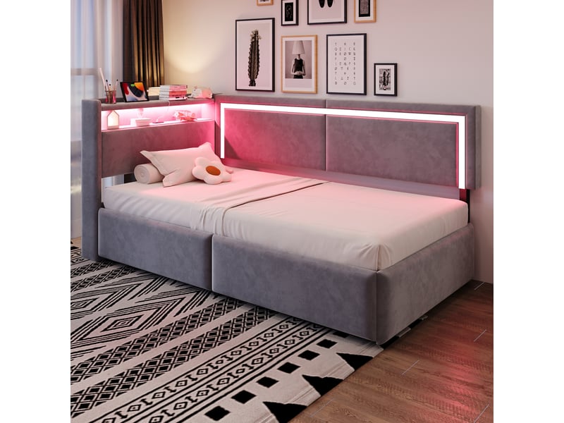  Lit simple 90x200 cm avec éclairage led et port usb, canapé-lit rembourré avec tête de lit en velours, gris clair, lit à vérins  - Conforama D