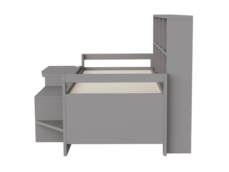 Lit simple enfant 90x200 cm – gris – bureau multifonction, rangements, led et prises usb – sans matelas - Conforama E