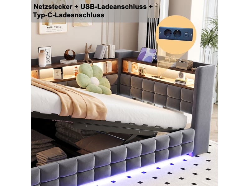  Lit coffre 90x200 cm - lit simple avec rangement hydraulique - tête de lit led, usb &amp; type-c - étagères - gris  - Conforama D