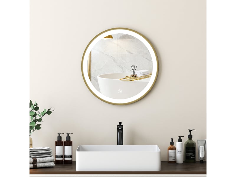  Miroir salle de bain avec éclairage led rond 40 cm, miroir lumineux mural à 3 températures de couleur, dimmable, doré  - Conforama D