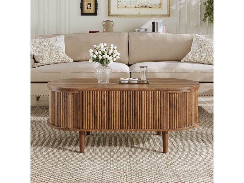  Table basse ovale relevable avec rangement, table de salon polyvalent design vintage, plateau mdf effet bois, pieds en bois, table d'appoint moderne, noyer  - Conforama B