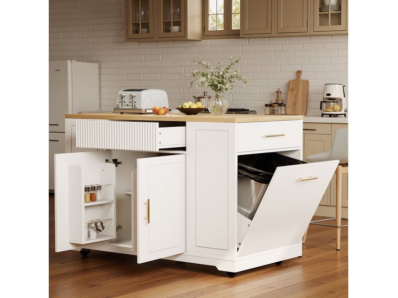  Îlot de cuisine mobile 120x50x92 cm, 2 portes, 3 tiroirs et rangement poubelle  - Conforama B