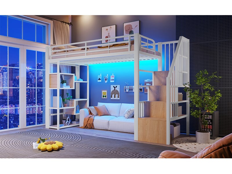  Lit mezzanine enfant 90 x 200 cm avec escalier de rangement et éclairage led, étagères ouvertes et garde-corps, métal, blanc Morn Vibe - Conforama C
