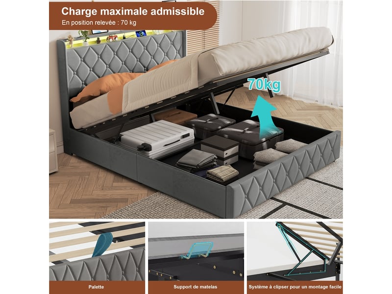  Lit coffre 160x200 cm avec led et usb, lit adulte capitonné avec rangement hydraulique, lit 2 places avec sommier à lattes, lit double avec tête de lit rembourrée, velours gris  - Conforama W