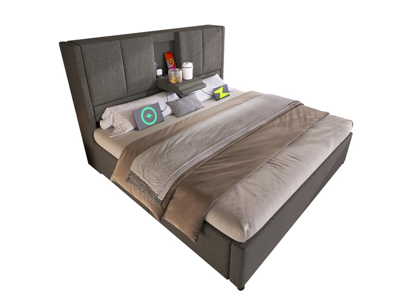  Lit coffre 140x200 avec sommier à lattes, gris en lin, usb et rangement  - Conforama A