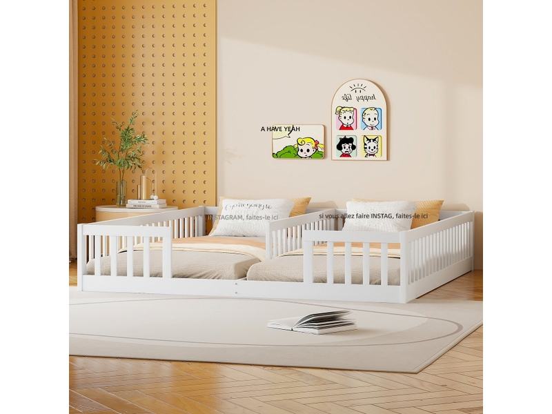  Lit enfant 90x200 cm avec barrières de sécurité en bois de pin - lit de transition sans sommier ni matelas - blanc Morn Vibe - Conforama D