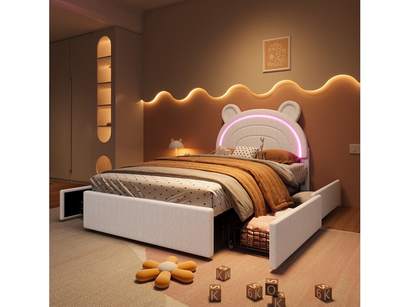  Lit enfant 90x200 cm en velours beige, tête de lit ours avec led pilotée par application et 4 tiroirs, sans matelas  - Conforama B