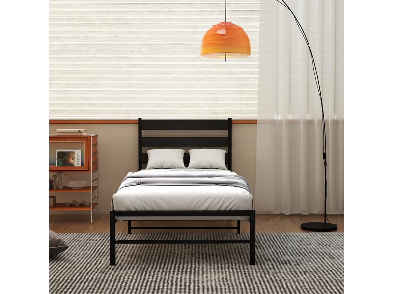  Modenvie lit 1 place 90x200 cm - structure en metal, tete de lit mdf, sommier inclus - noir  - Conforama D