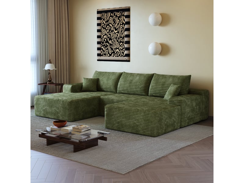 Canapé d’angle modulaire avec méridienne et assise profonde - lpospi - mousse haute élasticité, tissu côtelé vert - Conforama B