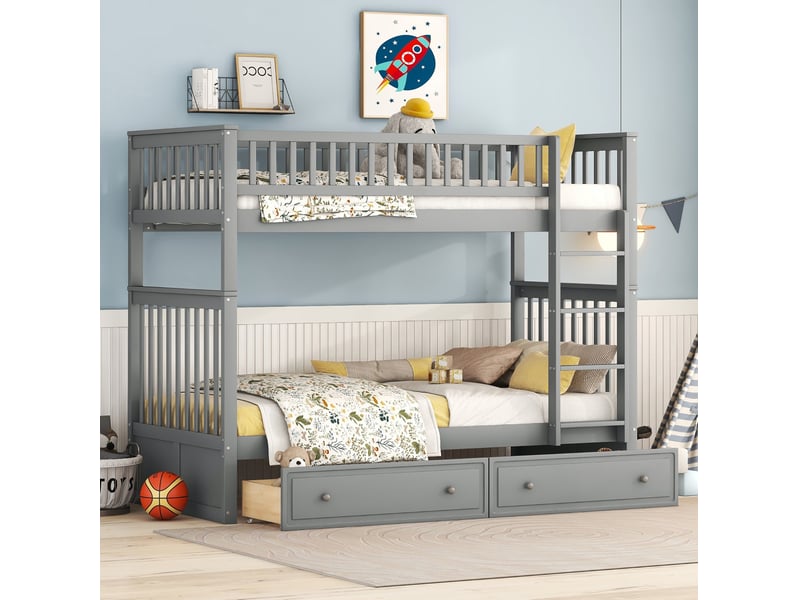 Lit superposé enfant 90x200 cm en pin et mdf, 2 tiroirs, convertible, gris - Conforama D