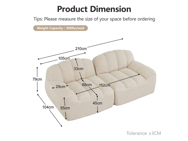  Canapé modulaire 2 places avec assise large et dossier ergonomique en fleece granuleux beige blanc  - Conforama E