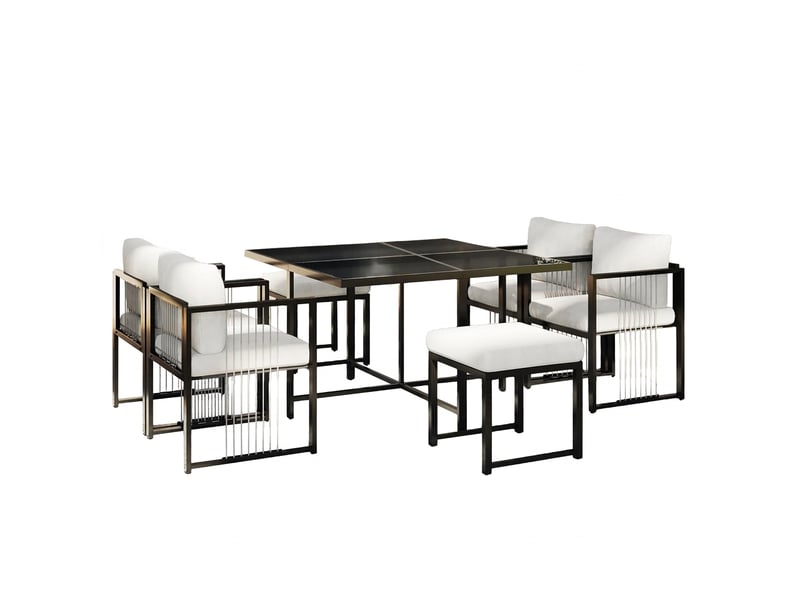  Ensemble de mobilier de jardin pour 6 personnes, 117 x 117 cm, ensemble de 7 pièces avec plateau en verre, 4 fauteuils, 2 tabourets  - Conforama A
