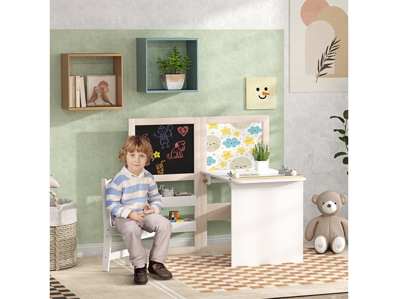  Ensemble table et chaises pour enfants de 3 à 8 ans avec tableau noir, tableau blanc, boîtes de rangement et rouleau de papier, blanc  - Conforama B