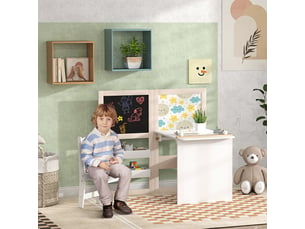 Ensemble table et chaises pour enfants de 3 à 8 ans avec tableau noir, tableau blanc, boîtes de rangement et rouleau de papier, blanc
