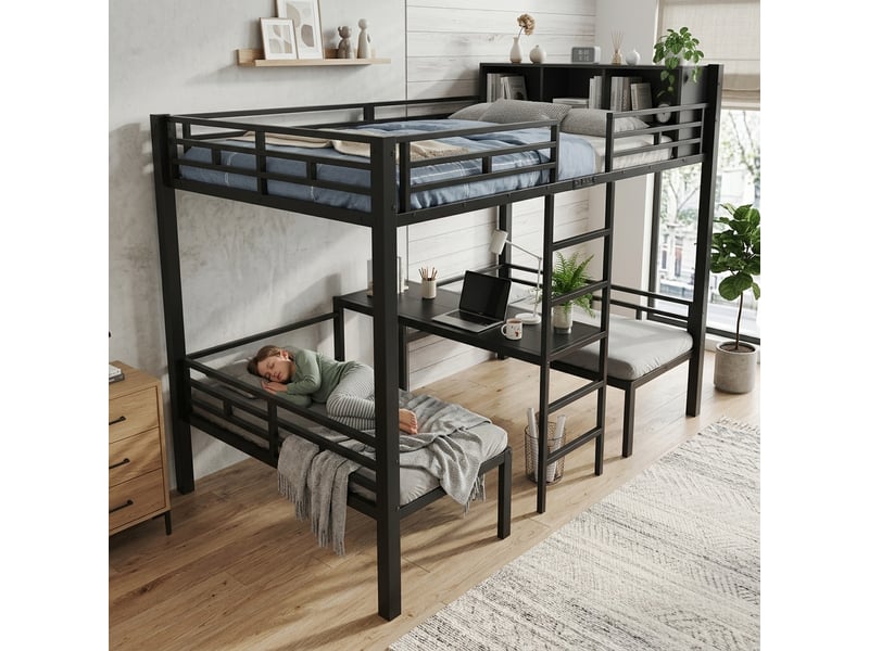  Lit superposé 3 couchages 120x200 cm avec 2 banquettes 60x120 cm convertibles en couchage, étagère, échelle droite, structure métal noir, en 747  - Conforama C
