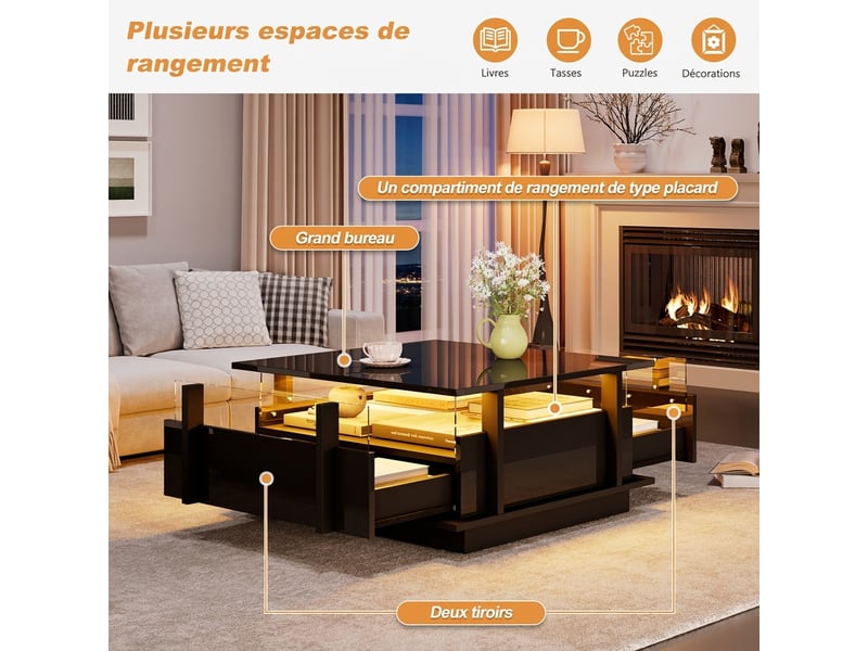  Table basse noire brillante carrée 70x70 avec éclairage led 2 tiroirs et bords acrylique  - Conforama R