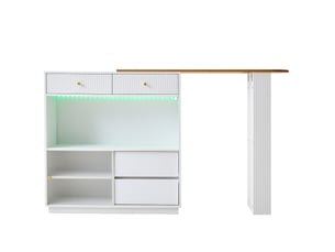 Îlot de cuisine extensible avec bar pivotante à 360°, rangement et led, blanc