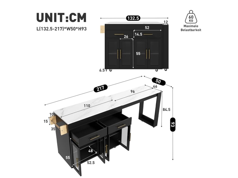  Îlot central de cuisine mobile 132,5-217x50x93 cm avec table de bar extensible,2 tiroirs et portes vitrées,mdf noir effet marbre blanc BUBBLY - Conforama C