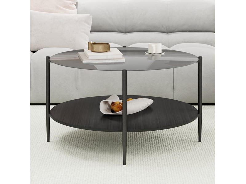  Table basse ronde moderne avec plateau en verre trempé fumé noir, double niveau de rangement  - Conforama C