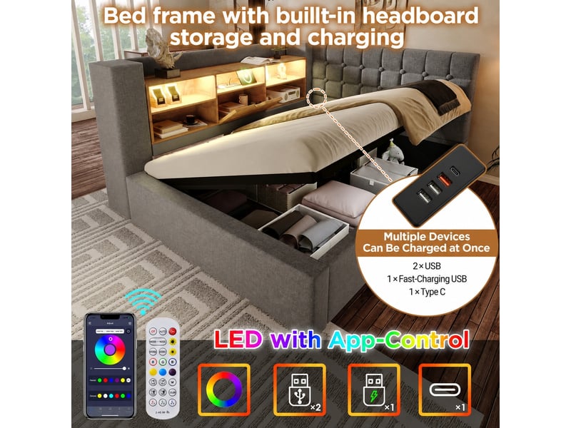  Lit 140x200 cm avec rangement hydraulique, led et tête en l réversible, gris  - Conforama D