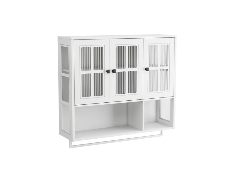  Armoire murale modèle bath 3 portes, blanc, bois, rangement ouvert caché, porte vitrée, barre serviette  - Conforama A