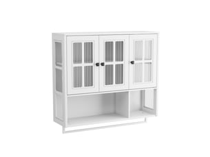 Armoire murale modèle bath 3 portes, blanc, bois, rangement ouvert caché, porte vitrée, barre serviette