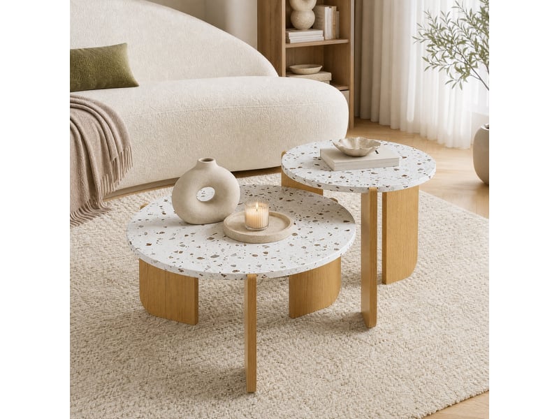  Lot de 2 tables basses gigognes rondes en mdf, blanc et couleur bois  - Conforama C