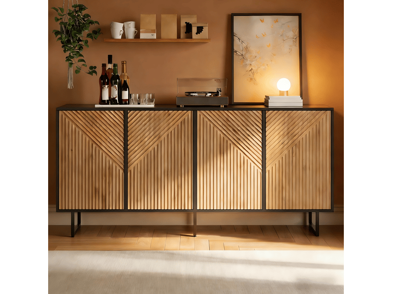  Buffet de salon 160x40x75cm avec 4 portes, meuble de rangement, meuble de salon, panneau de particules, coloris naturel et noir  - Conforama E