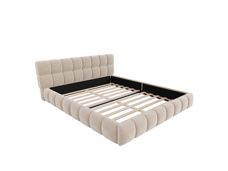 Lit double rembourré 160x200 cm avec tête de lit épaisse, cadre bas enveloppant, couchage encastré, sommier à lattes, charge 300 kg, velours beige OPULERANE TRADING LTD - Conforama E