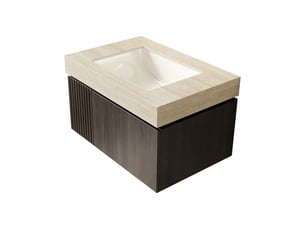 Meuble sous vasque suspendu 76 cm, plan pierre frittée beige, rangement fermeture douce & vasque céramique pour salle de bain