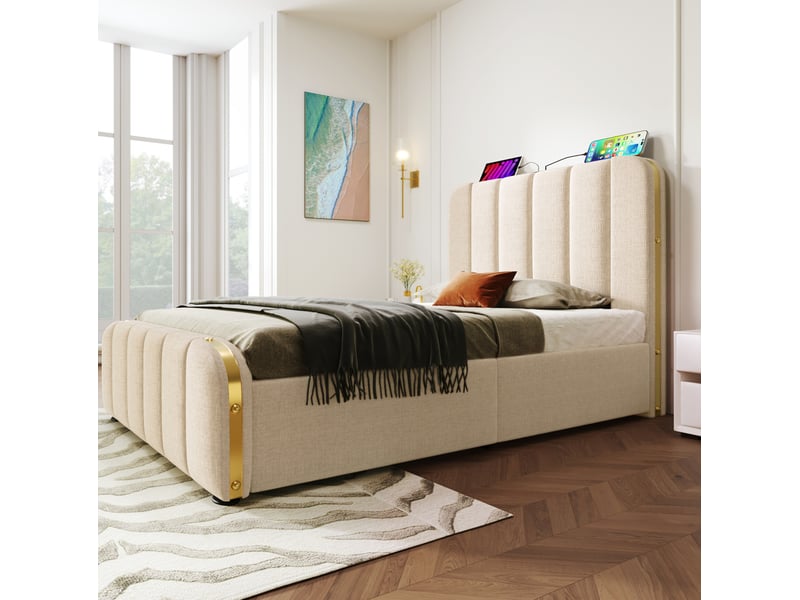  Lit enfant 90x200 cm – beige – 4 tiroirs, ports usb et type-c, matelas h3 à 7 zones inclus  - Conforama B
