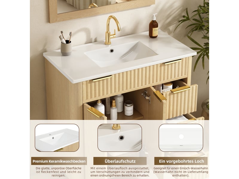  Meuble salle de bain 81 cm sur pied bois naturel avec vasque céramique, 3 tiroirs et portes effet vague  - Conforama E