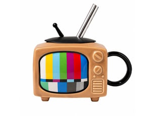 Mug en céramique avec couvercle et paille, télévision rétro, marron, 450 ml