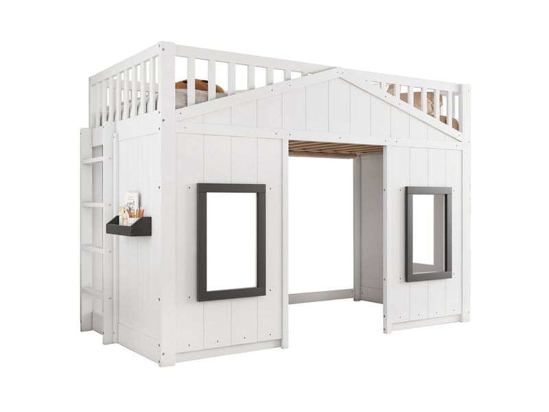 Lit mezzanine 90x200 cm, lit enfant avec escalier et barrières de sécurité, espace de jeu et étagère de rangement, bois de pin et mdf, blanc - Conforama A