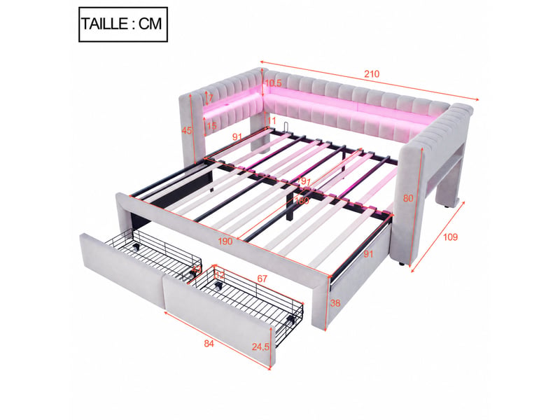  Lit banquette convertible en velours, lit simple et double 190x90 et 190x180 cm, 2 tiroirs, led et usb, matelas non précisé  - Conforama D