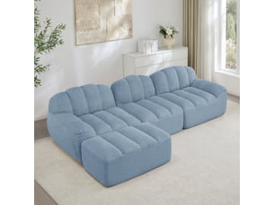 Canapé d'angle, canapé modulable – 3 places, avec pouf, mousse haute densité, en tissu, bleu, assise profonde