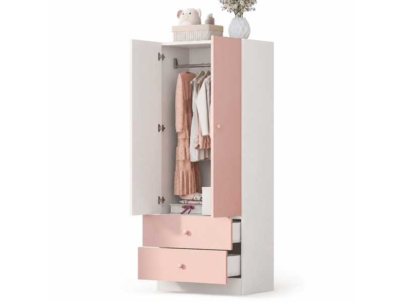  Armoire 2 portes et 2 tiroirs 70x40x170 cm, rose et blanc  - Conforama A