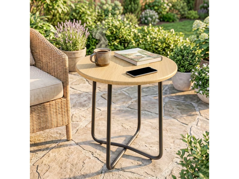 Table de jardin ronde en métal pour balcon et terrasse, ø48 x 51 cm, effet bois naturel - Conforama D
