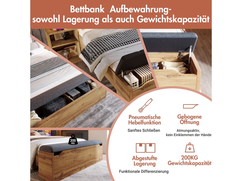  Lit double, lit 2 personnes 160x200 cm, rangement intégré, chevets intégrés, usb, lampe de lecture, matelas inclus, lin chêne  - Conforama E