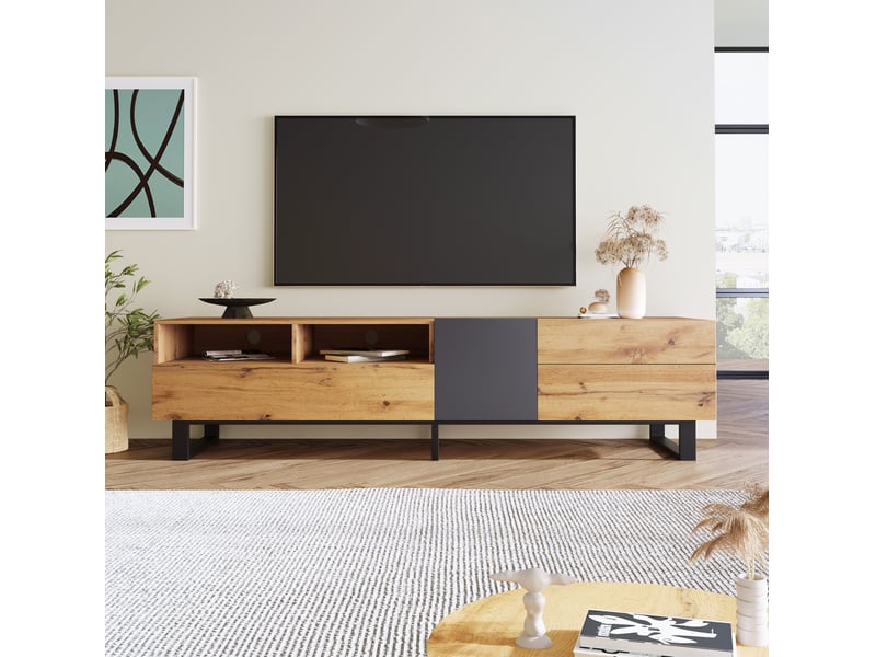  Meuble tv modenvie 180 x 38 x 50 cm avec rangement mdf chêne et anthracite  - Conforama D