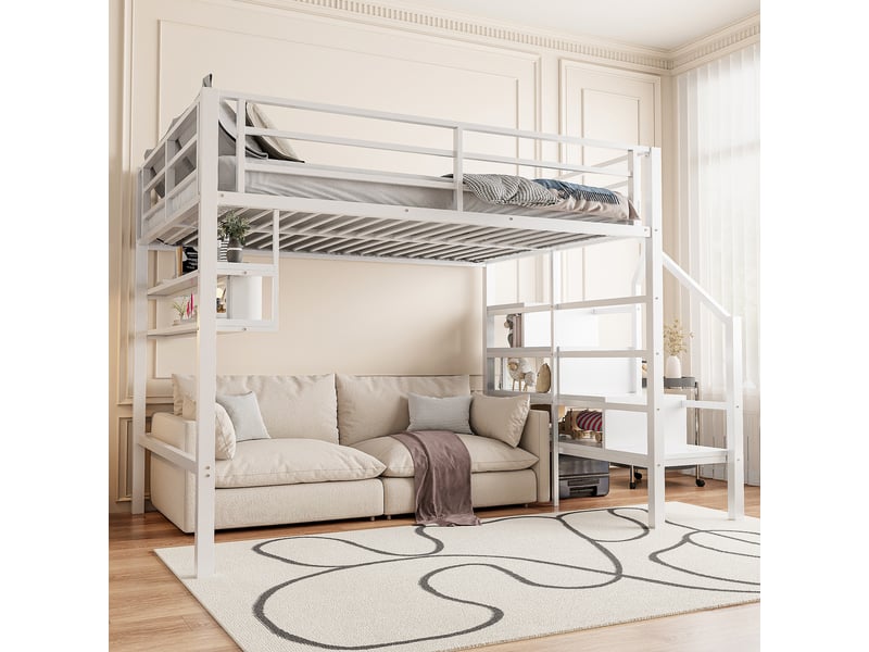  Lit mezzanine enfant 140 x 200 cm avec espace libre sous le lit, étagères et échelle de rangement, métal et mdf blanc, sans matelas  - Conforama R