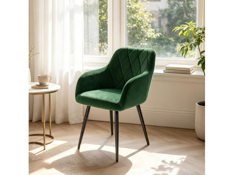  Chaise de salle à manger design en velours vert foncé avec accoudoirs et pieds en métal, confort rembourré  - Conforama B
