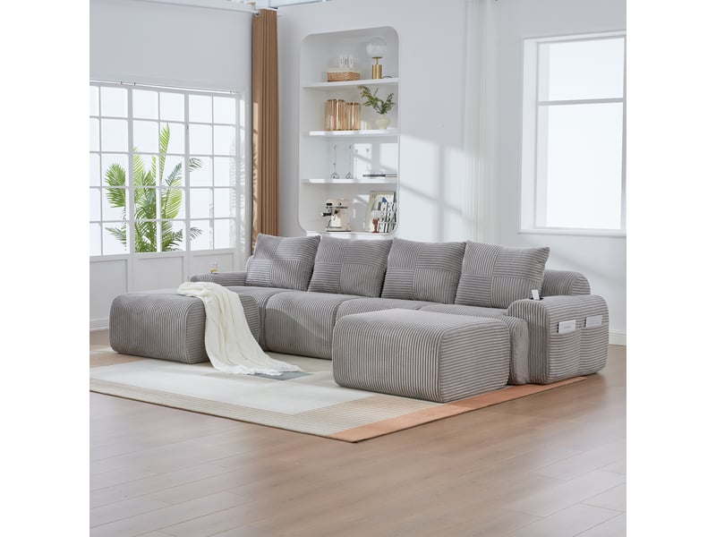  Canapé modulaire 4 places en velours côtelé gris clair, avec 2 poufs, porte-gobelet et rangement, salon contemporain  - Conforama D