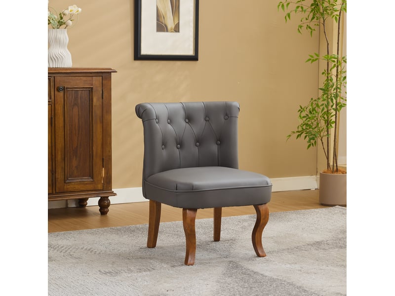  Chaise de salle à manger rembourrée avec dossier capitonné et pieds en bois massif, cuir de vachette gris  - Conforama B